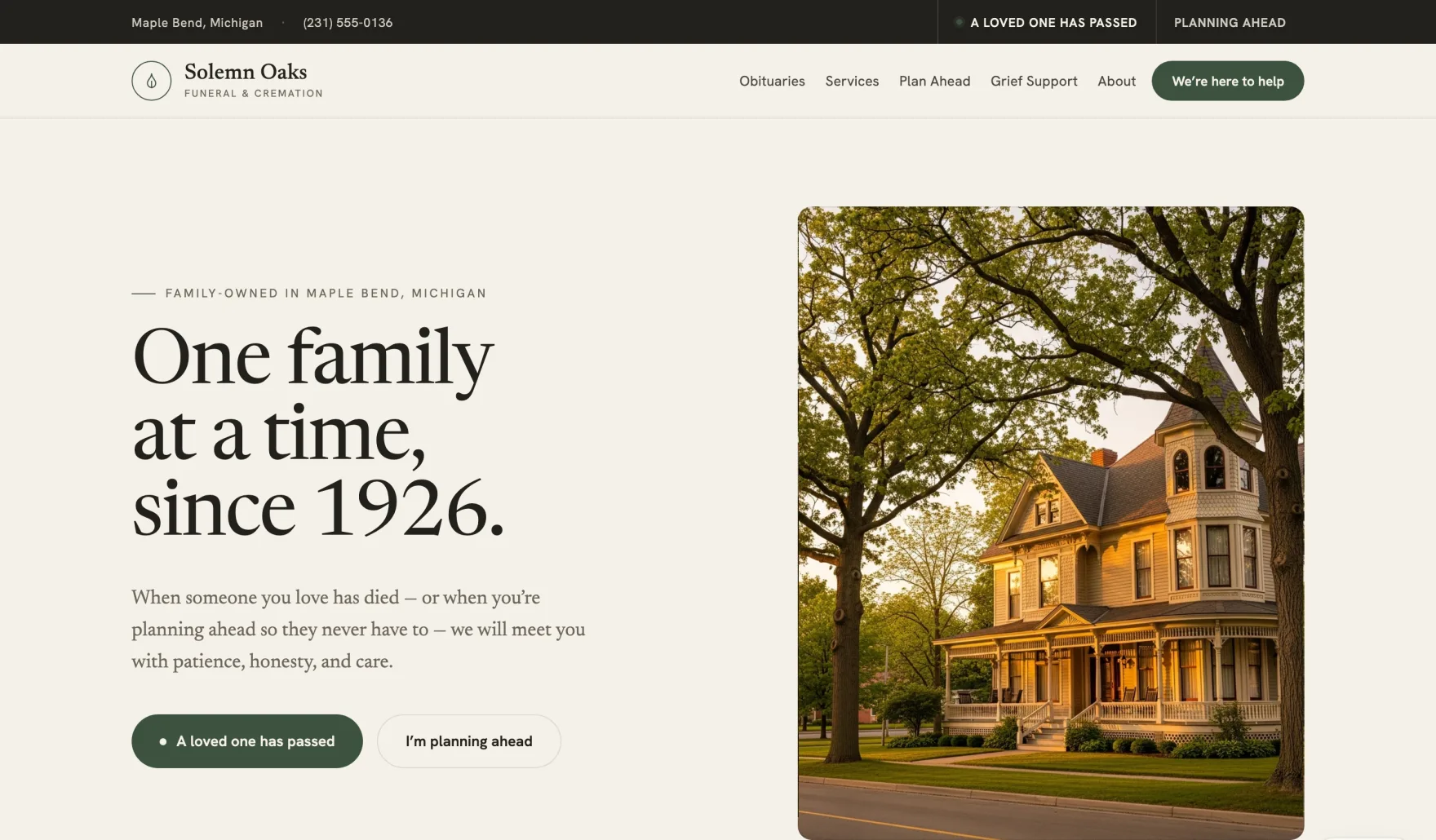 The Solemn Oaks demonstration home — a fully-built demonstration website made with FuneralHomeWebsites: a warm homepage over a photograph of the home, with clear paths for a family who has lost someone or is planning ahead.